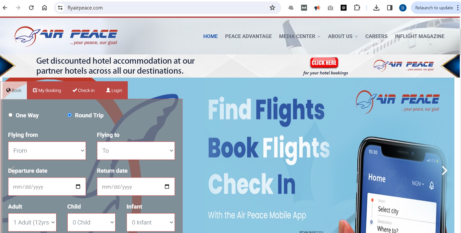 Air Peace webpage